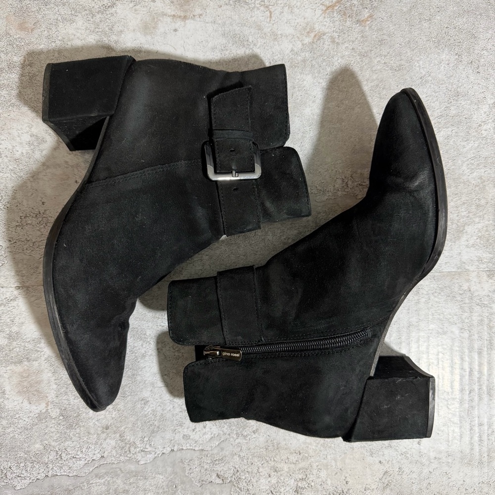 Gino Rossi Block Heeled Black Suede Ankle Boots Buckle Chunky 39‎ 8.5